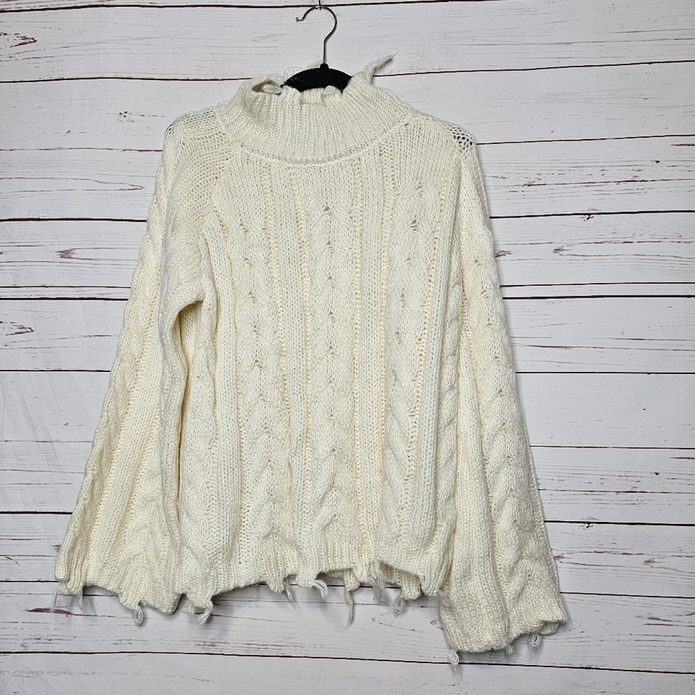 Neely Ivory Cable Knit Lurex Distressed Sweater